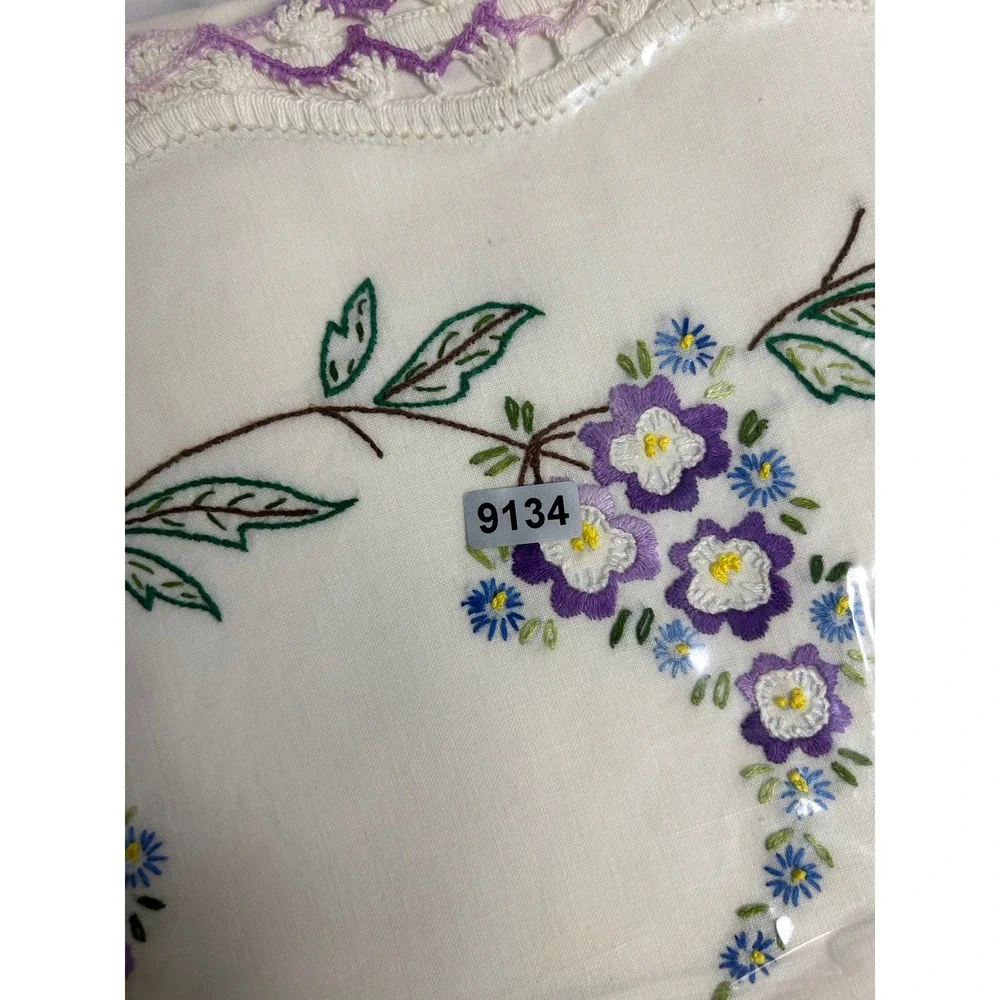 Vintage Cottagecore Hand Embroidered Pillowcase Standard White Purple Floral